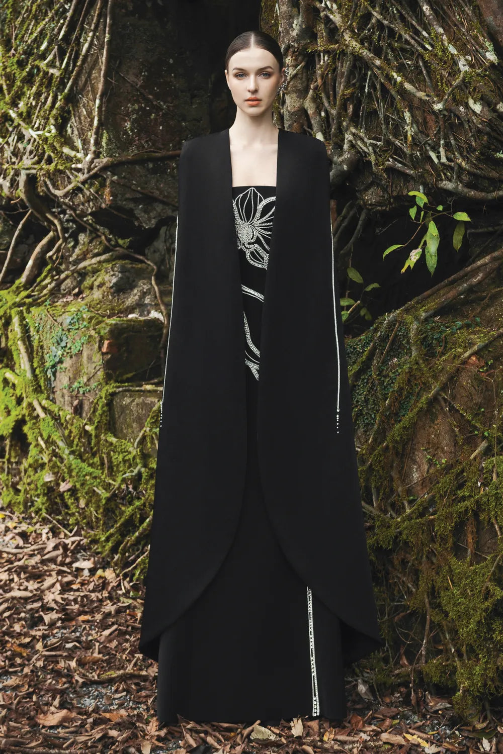 Crystal Embellished Long Back Cape  With Strapless Crystal Embellished Dress Set